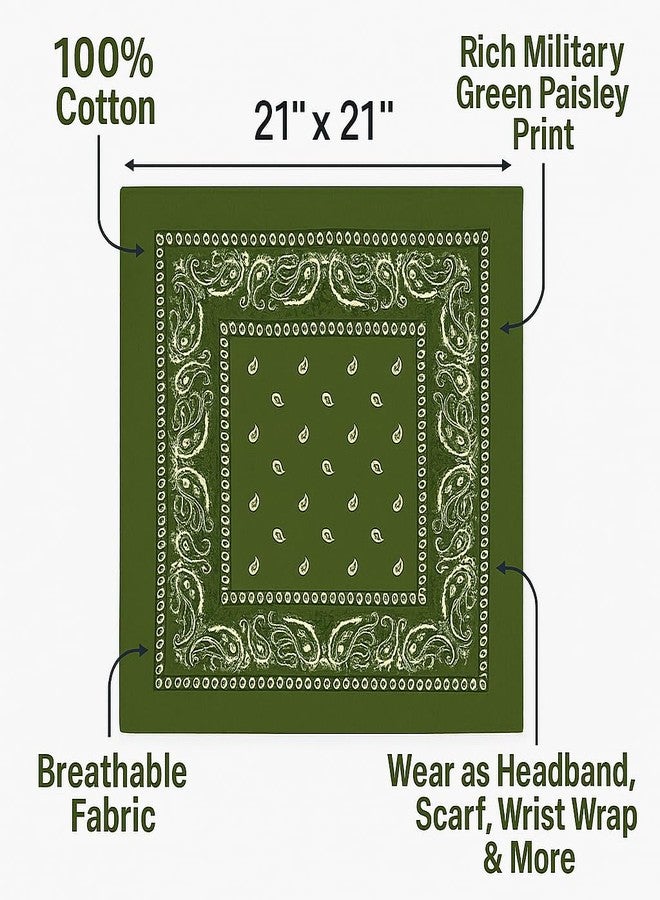 SUNRIBE Military Green Paisley Bandanas 3-Pack - 100% Cotton 21x21 Inch Classic Square Head Wrap, Face Cover, Neck Scarf, Wrist Wrap & Pocket Square | Unisex Accessories for Everyday & Outdoor Style - Image 3